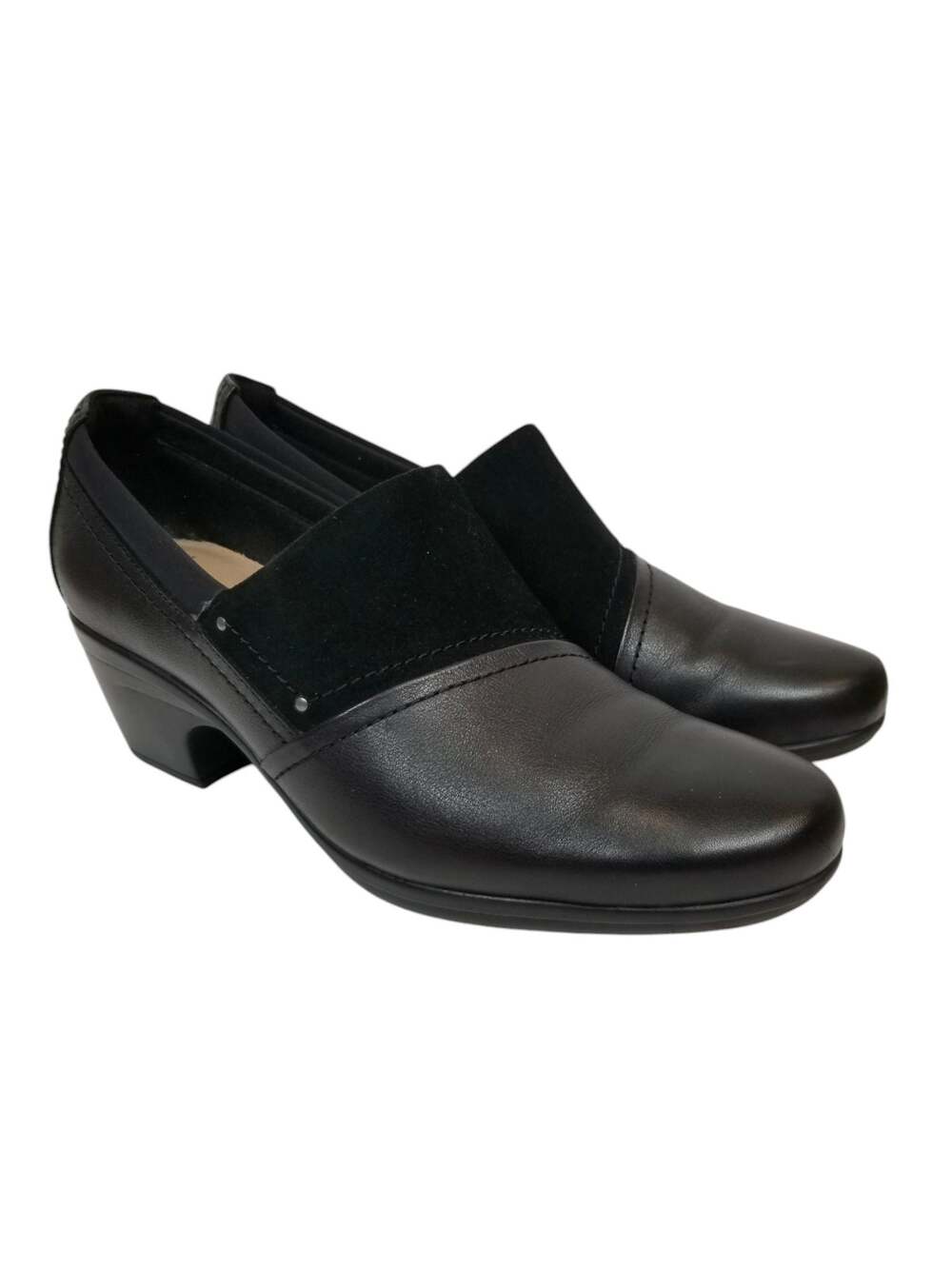Clarks Emily Step In Block Heel Loafer Leather Suede Black Women's Size 9.5